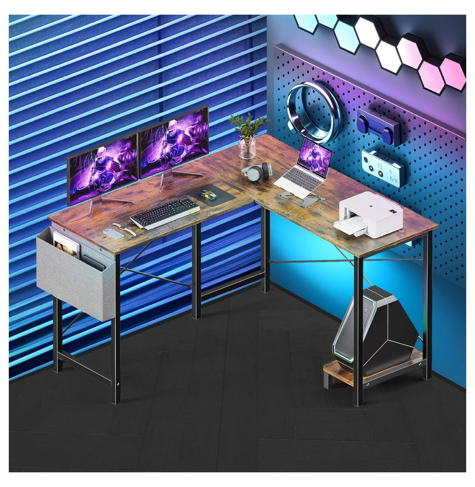 50 Inches L Shaped Home Office Computer Desk Reversible Corner Table PC with Wood Metal Frame CPU Stand Side Bag for Gaming, Working and Studying, Rustic
