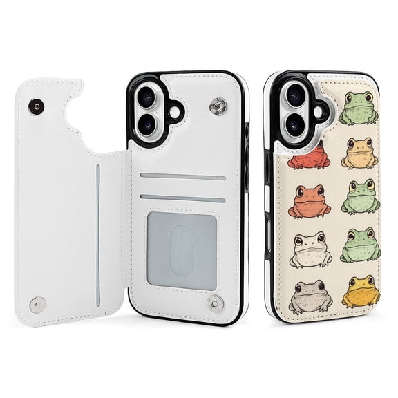 Compatible with iPhone 11 12 13 mini 14 15 16 Pro Max Plus Wallet Case with Card Holder, PU Leather Kickstand Card Slots Case ( Cute Frog, iPhone 16)