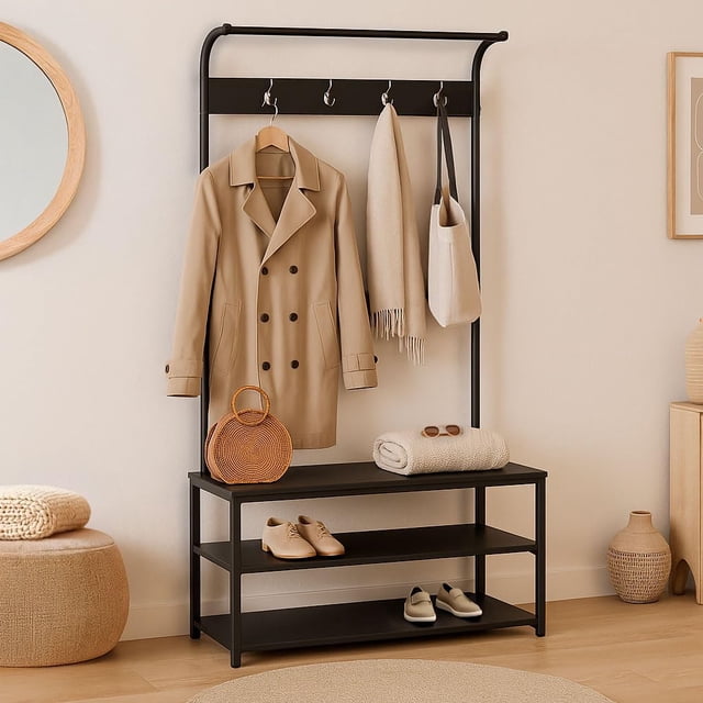 Perchero con Zapatera y Barra Superior 3 en 1 | Organizador para Entrada con Ganchos Metálicos, Estantes para Zapatos y Repisa de Accesorios – 80x30x170 cm