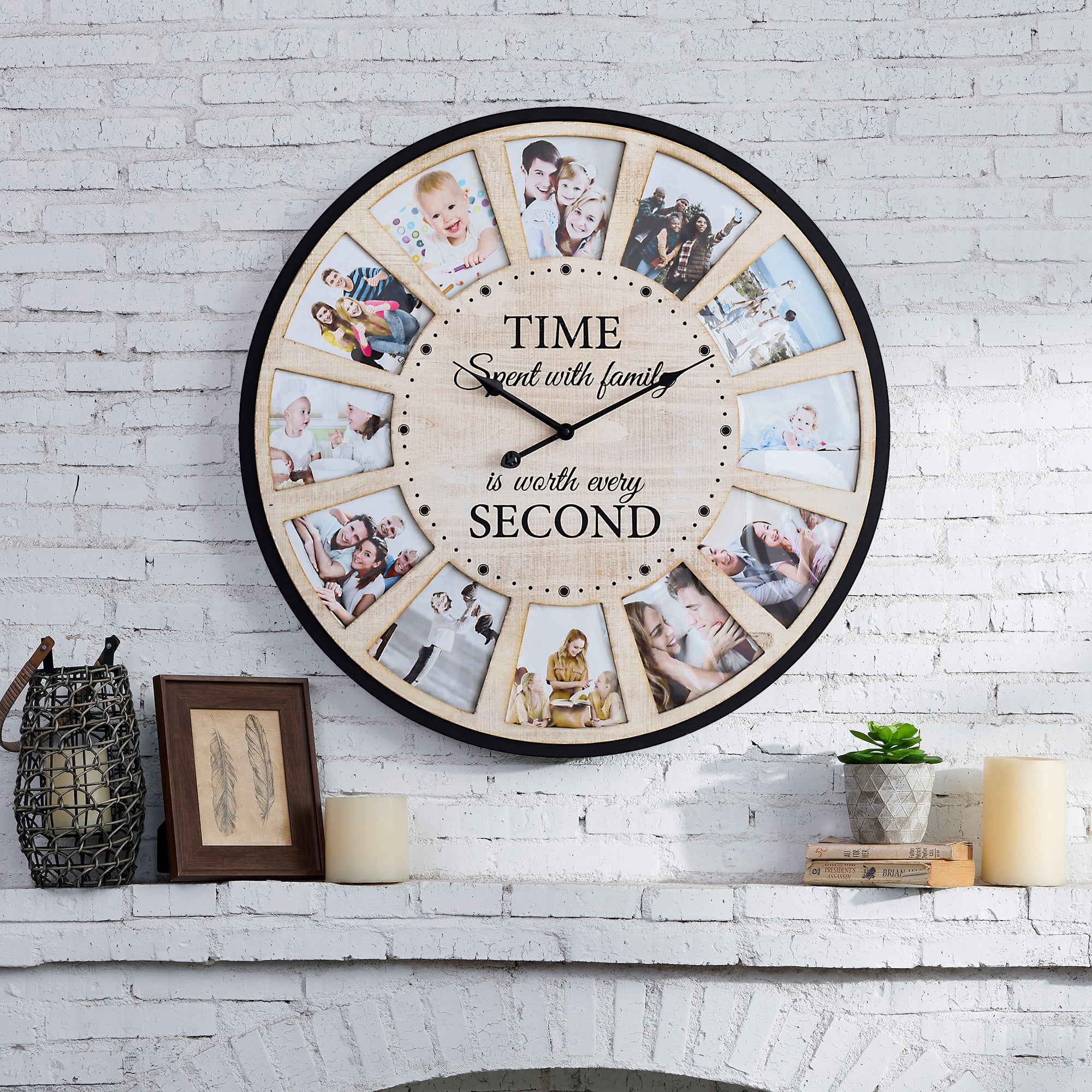 MODE HOME Rustic Farmhouse Wood Wall Clock with 12 Photo Collage, Large Oversized Wall Clock for Home, Kitchen, Living Room, Silent Battery Powered 24 inch Natural