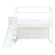 Pinovk Twin Size Wood House Loft bed with Slide, Storage shelves and Light, White