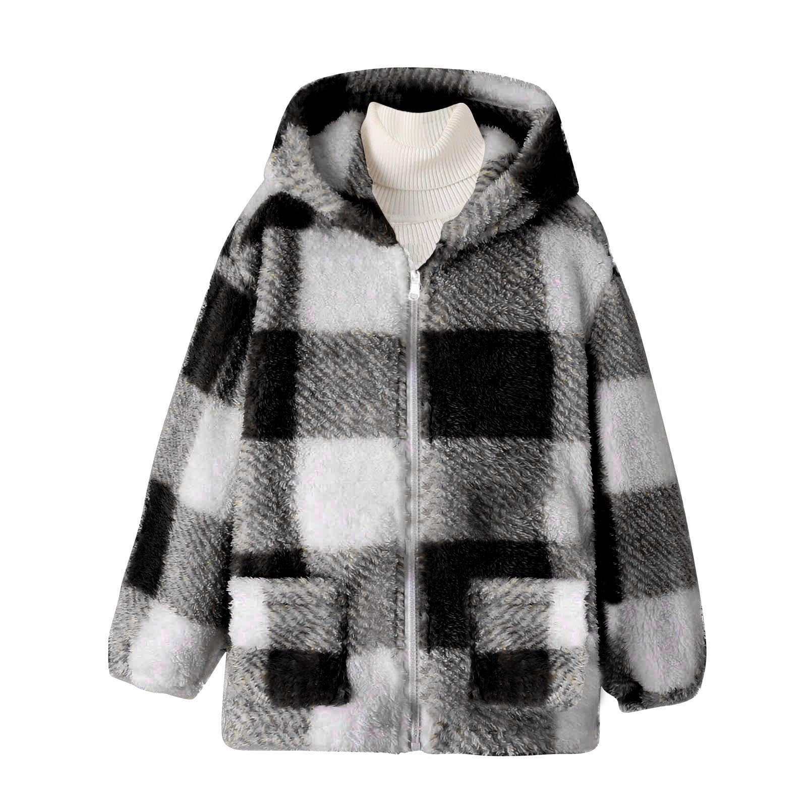 Xdegoge Girls Fleece Sherpa Jacket Plaid Fuzzy Zip Up Long Sleeve Hoodie Teen Thermal Loose Cozy Hooded Coats Tween 2025 Winter Thick Warm Outerwear With Pockets Age 8-14 Years