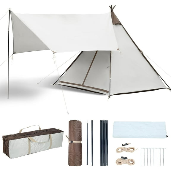 Waterproof 3-4 Person Camping Tent with Awning, Pyramid Teepee Tents for Family, 3 Season Anti-UV Weatherproof, Roomy Tipi Tent for Family Camping, Outdoor, Backpacking, Hiking