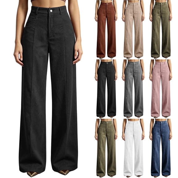 VBVC Women's Corduroy High Waisted Pants , Winter Business Work Trousers For Women , Ladies' Wide Leg Trousers with Pockets, Black , S-3XL