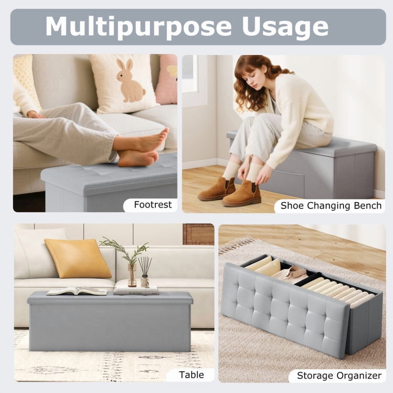 Kadyn Morden Bedroom Bench, 43" Folding Storage Ottoman Bench, End of Bed Bench for Bedroom, Entryway, Gray