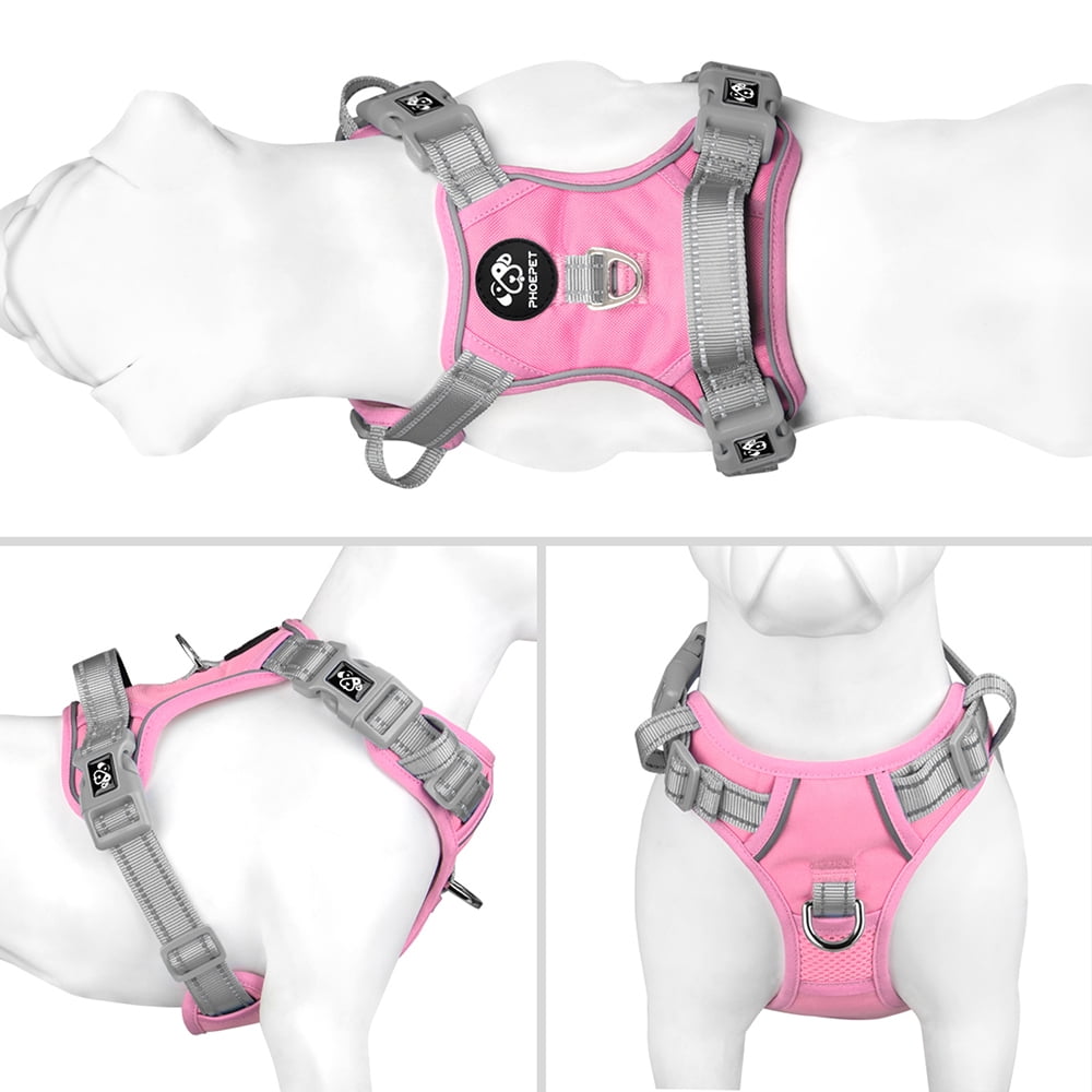 PHOEPET No Pull Dog Harness, Unique Colors Reflective Adjustable Dog Vest, with Soft Training Handle Metal Clips for Small Medium Large Dogs (Baby Pink Base & Grey Straps)