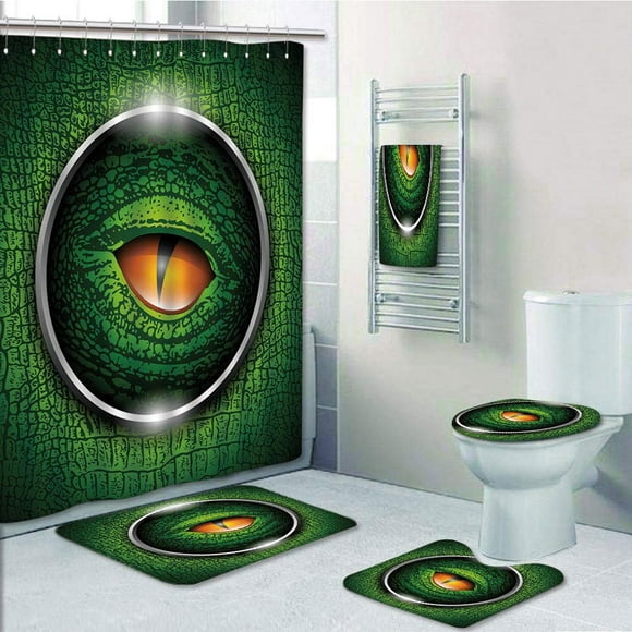 EREHome Eye Vibrant Realistic Eye of Reptile Animal Natural Wildlife Scales Crocodile Look 5 Piece Bathroom Set Shower Curtain Bath Towel Bath Rug Contour Mat and Toilet Lid Cover