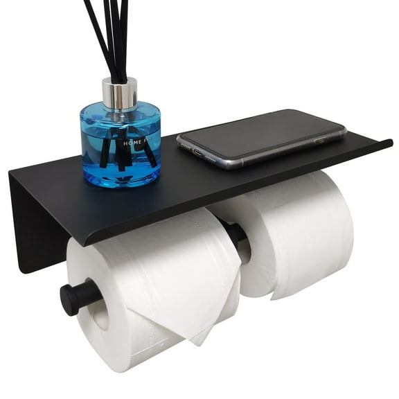 GZILA Double Toilet Paper Holder with Shelf Matte Black Wall Mounted, Dual Large Rolls Tissue Holder Multipurpose TP Dispenser, SUS 304 Stainless Steel