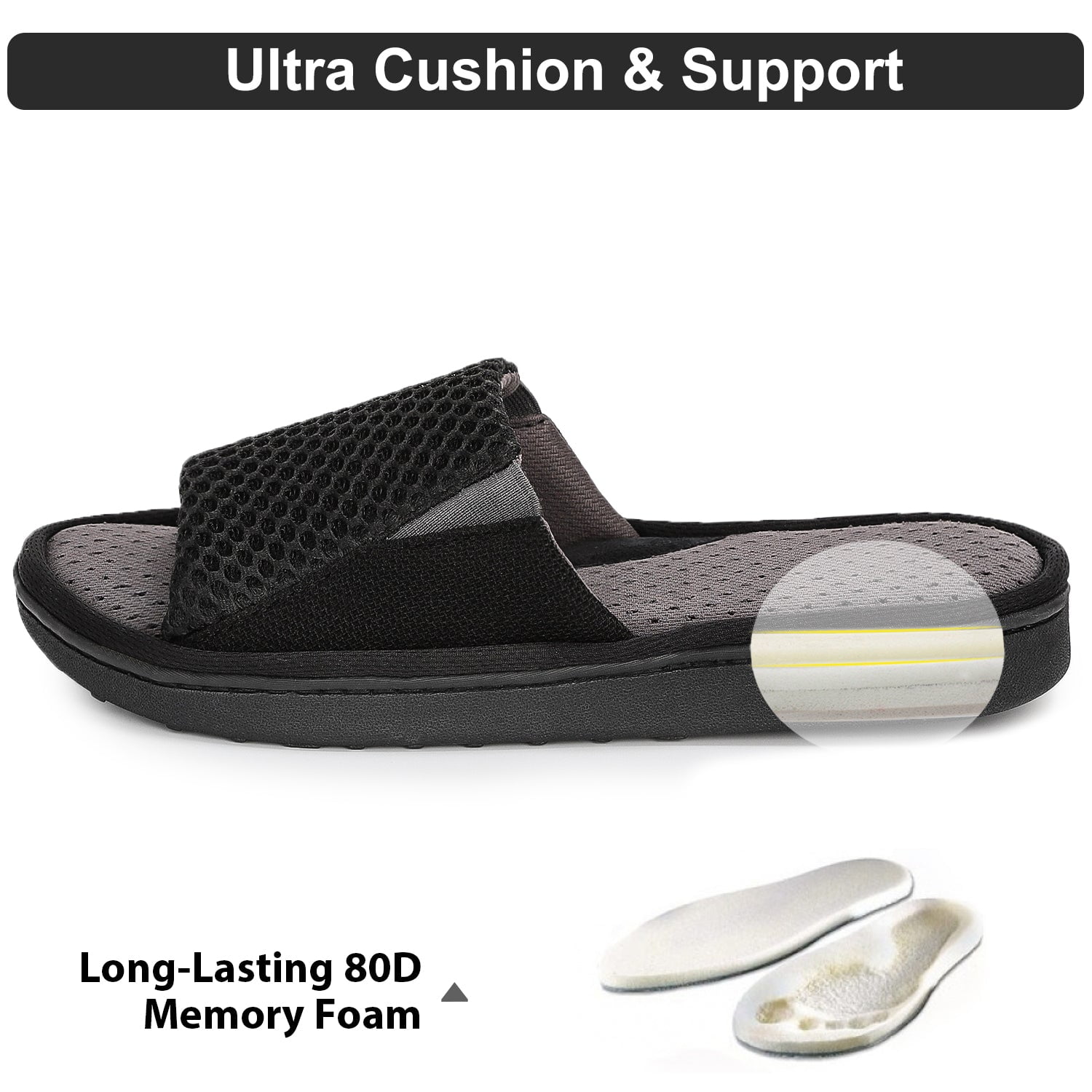 LongBay Men's Memory Foam Slide Slippers - Adjustable Open Toe House Shoes with Breathable Mesh for Indoor Outdoor
