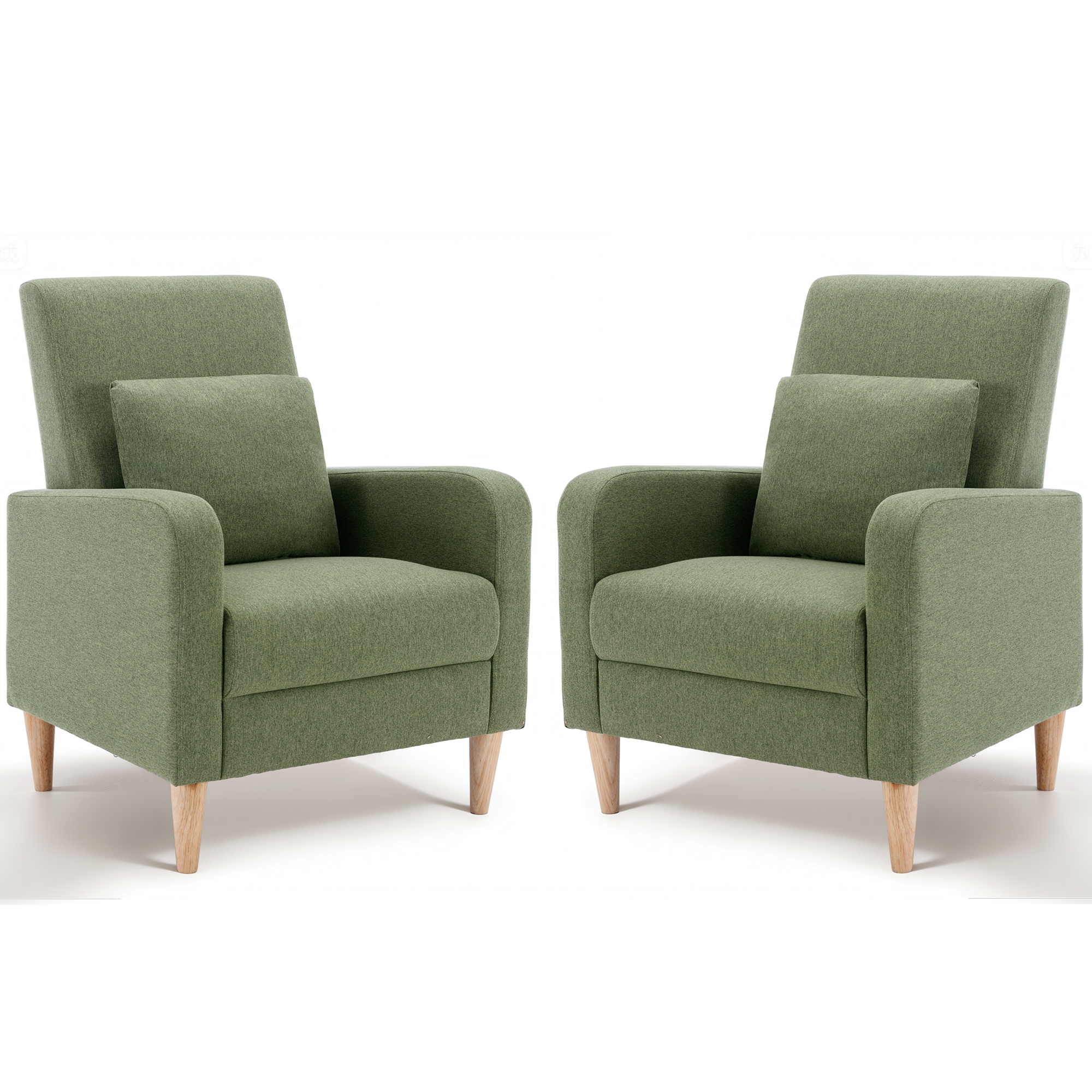 Single Sofa Armchair(Set of 2) — Upholstered Lounge Seat with Removable Pillow and Sturdy Wood Legs, Green