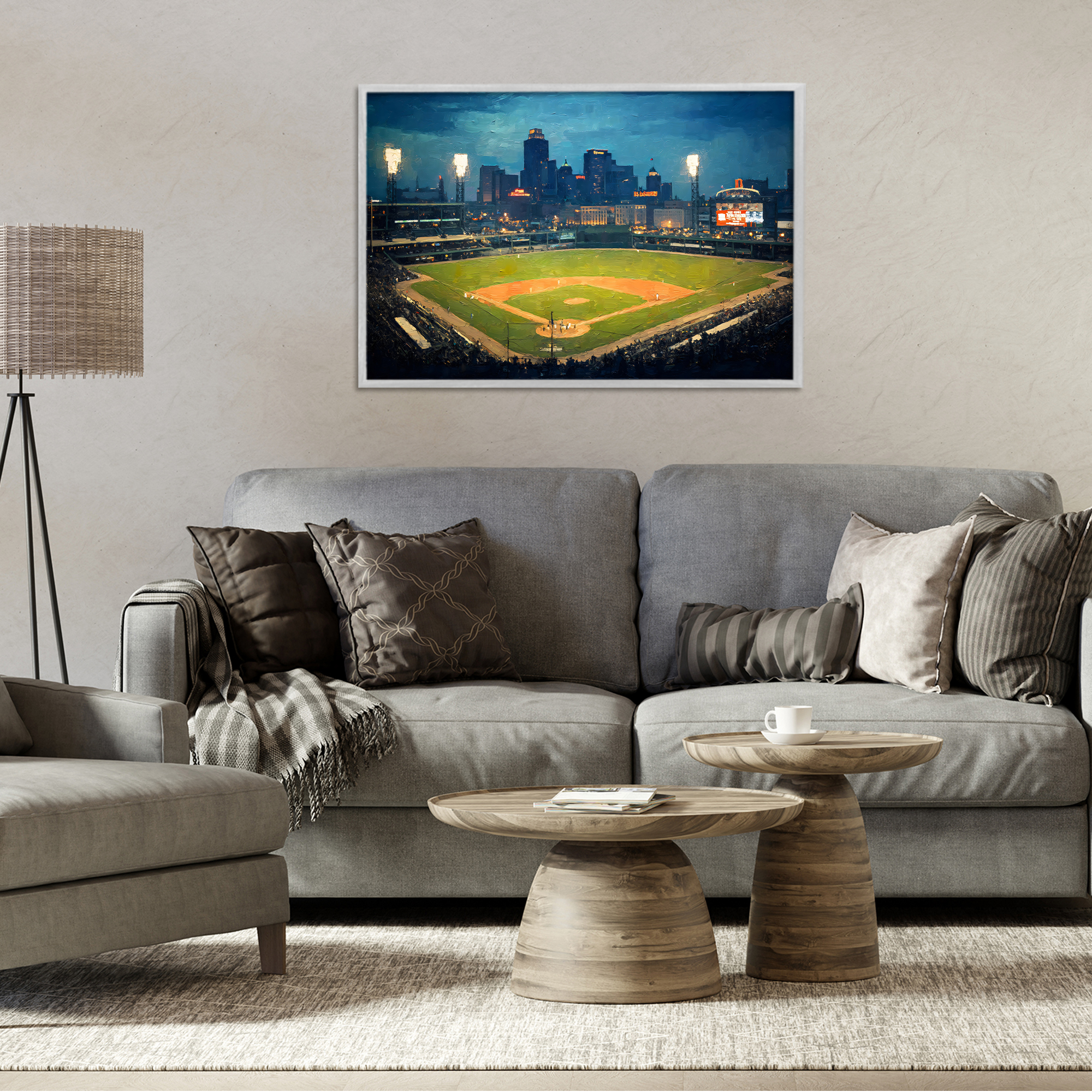 Baseball Stadium at Night Gray Framed Giclee Art, design by Arlington Prints