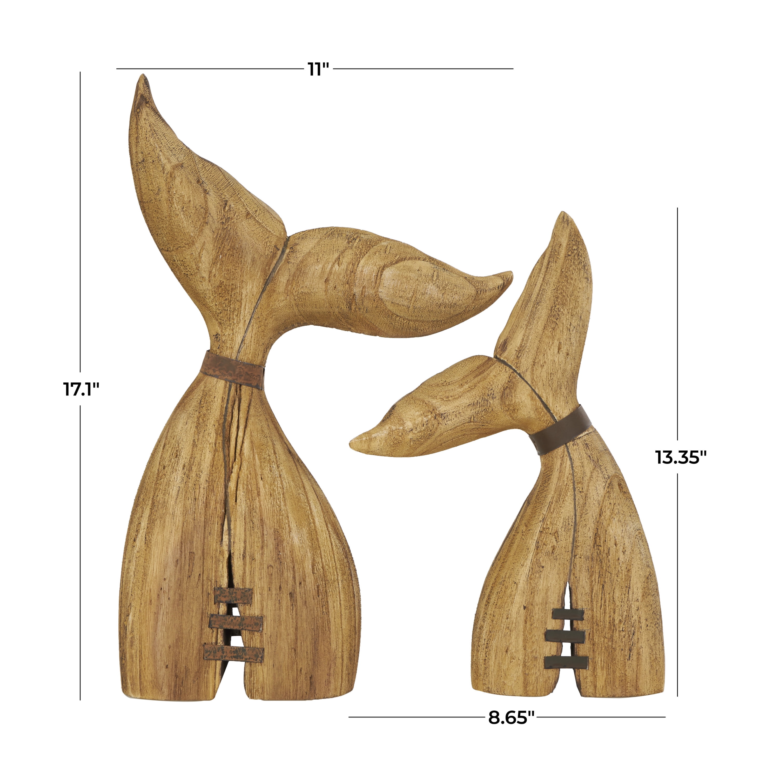 17", 13"H Brown Wood Handmade Tail Whale Sculpture with Metal Band Accents, by DecMode (2 Count)