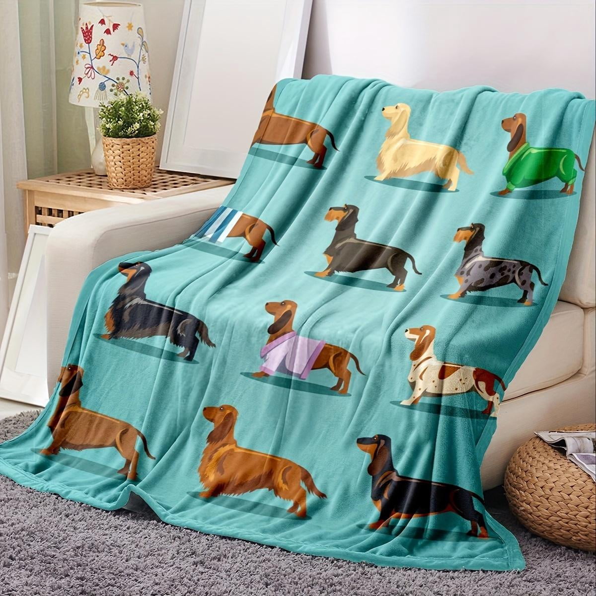 Dachshund Blanket Weiner Dog Blanket, Soft Blue Grey Sausage Fleece Flannel Blanket Blue Cute Doxie Plush Blanket Dachshund Adults Women