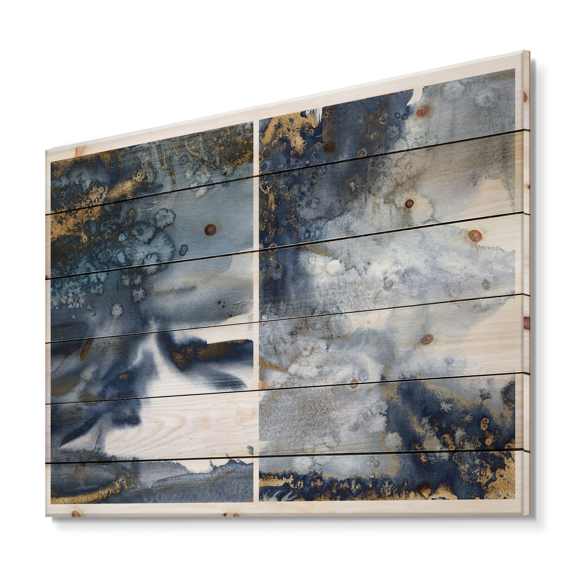 Designart 'Gold and Dark Blue Abstract Waves IV' Modern Print on Natural Pine Wood
