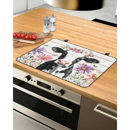 nqOlkjepod Large Induction Cooktop Protector Mat 28.5 x20.5 Country Cow Stove Top Covers for Electric Stove Botanical Flowers Floral Wooden Grain Stove Burner Cover Mats Glass Top Stove Cover