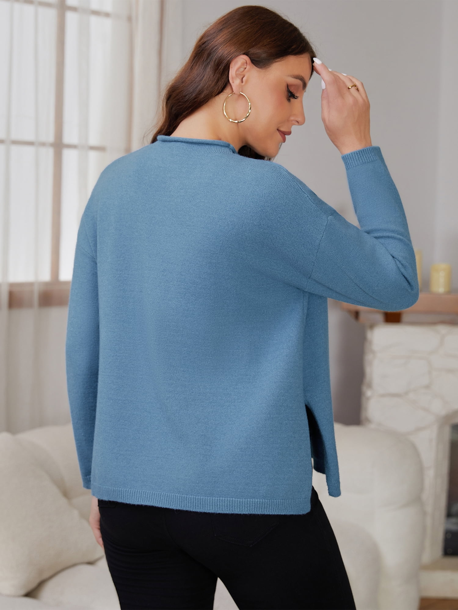 DARING DIVA Women's Maternity Striped Mock Neck Long Sleeve Sweater L Blue