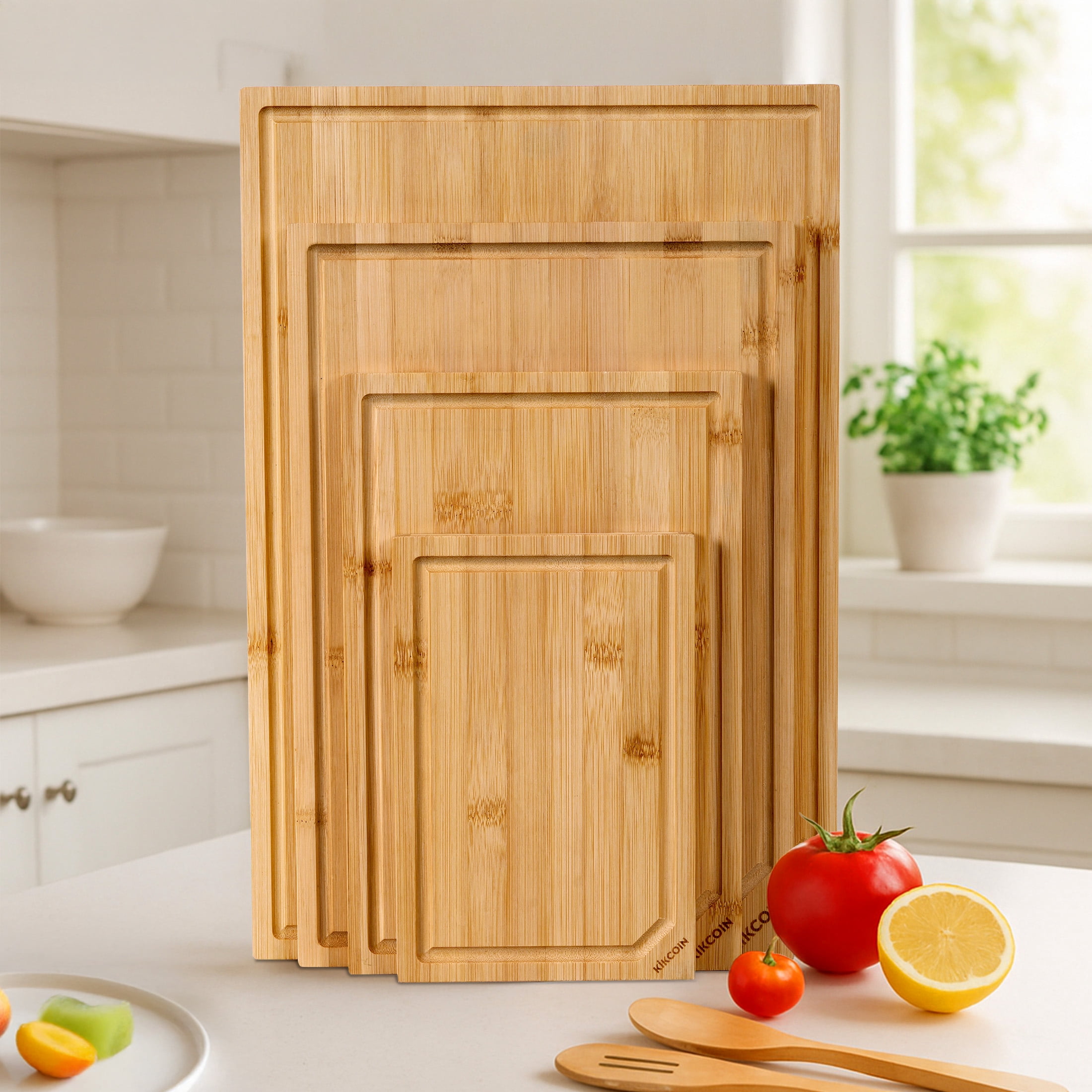Kikcoin Cutting Board, 4 Pcs Extra Large Bamboo Cutting Boards for Kitchen, Wood Serving Tray with Juice Groove