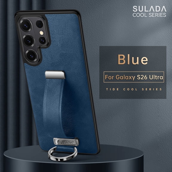 Phone Case for Samsung Galaxy S26 Ultra, PU Leather Cover and Wrist Strap Kickstand Wristband Holder Stand Ring Silicone Protective Cell Accessories for S26 Ultra for Women Men - Darkblue