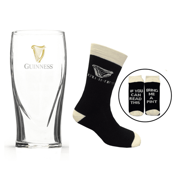 Guinness - Pint Glass & Socks Gift Set - Includes Single Embossed Pint Glass & Grab Me a Pint Socks