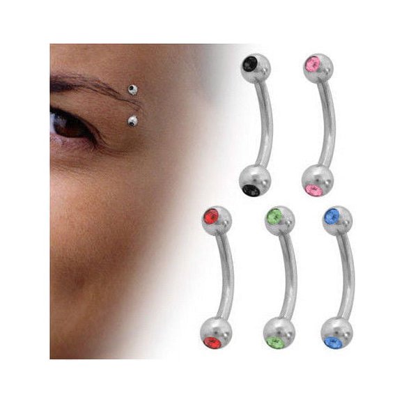 Double Jeweled 16G Curved Barbell Eyebrow Ring - 5 Colors Available
