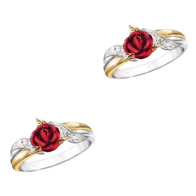 Minnieouse Anillo de rosa roja 3D para mujer, anillos de diamantes de imitación con hojas, joyería brillante Simple, regalo de señora de estilo europeo seis 2piezas Minnieouse CBP587121