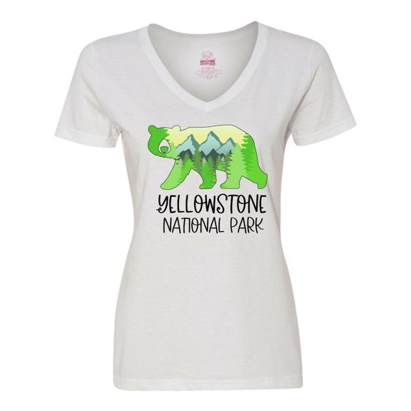 Inktastic Yellowstone National Park- Mountains and Bear Shape Women's V-Neck T-Shirt