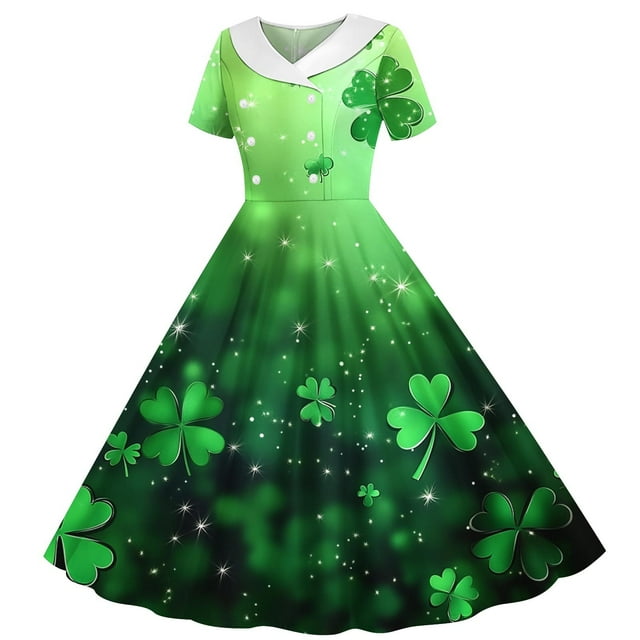 MKOSPLRT Robe de Fille pour la Saint-Patrick Robe Vintage des Années 1950 Robe de Cocktail à Manches Courtes Imprimé Trèfle Robe Midi 5-14 Ans