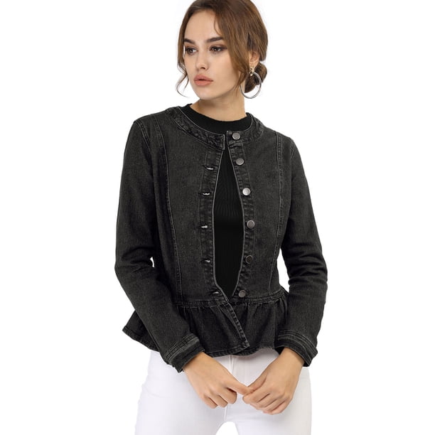 Chaqueta de mezclilla con cuello redondo y botones de manga larga con volante recortado y peplum para mujer Negro M