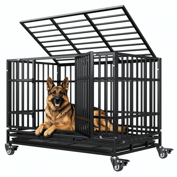 TIMHAKA 48 Inch Heavy Duty Indestructible Dog Crate w/ Double Doors Indoor Extra Large Dog Crate w/ Self-Locking Latch & Removable Tray