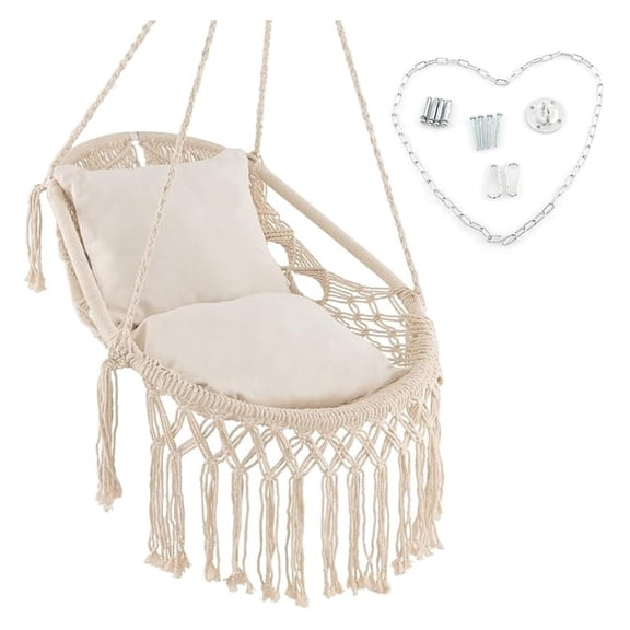 Macrame Hanging Chair with Cushions, 330 LBS Capacity, Beige Cotton Rope Hammock Chair for Indoor Outdoor Patio, Balcony, Relaxing Oval Seat