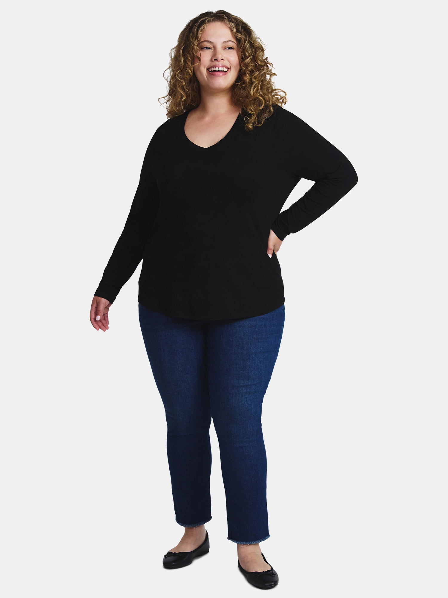 Terra & Sky Women's Plus Size V-Neck Tee with Long Sleeves, Sizes 0X-5X