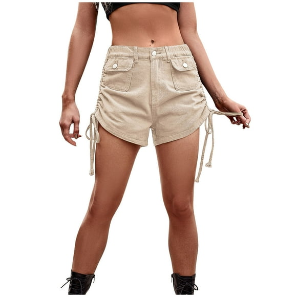 Women High Waist Jean Shorts Tie Belt Summer Denim Cargo Shorts with 6 Pockets Casual Cozy Stretch Jeans