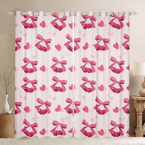 Erosebridal Pink Bowknot Kids Black Out Curtains,Red Cherries Romantic Hearts Print Curtains Pack of 2 (42x63 Each) For Girls