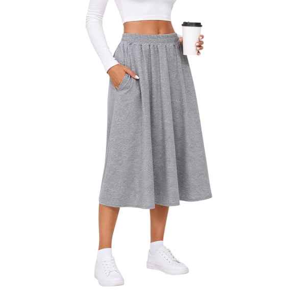 Women's Knit A-Line Midi Skirt with Side Pockets Elastic High Waist Loose Fit Casual Skirt for Work Daily Wear