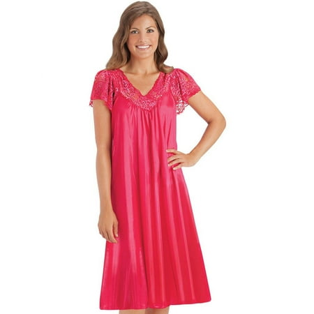 

Collections Etc Women s Silky Lace Trim V-Neckline Knee-Length Nightgown with Flutter Lace Sleeves Red Xx-Large