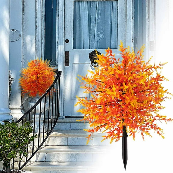 Artificial Topiary Ball Trees with Ground Spike, 21 Inch Fall Decor UV Resistant Faux Plant Shrubs, Fake Evergreen Artificial Plants Flowers for Outdoor Indoor Front Porch Garden