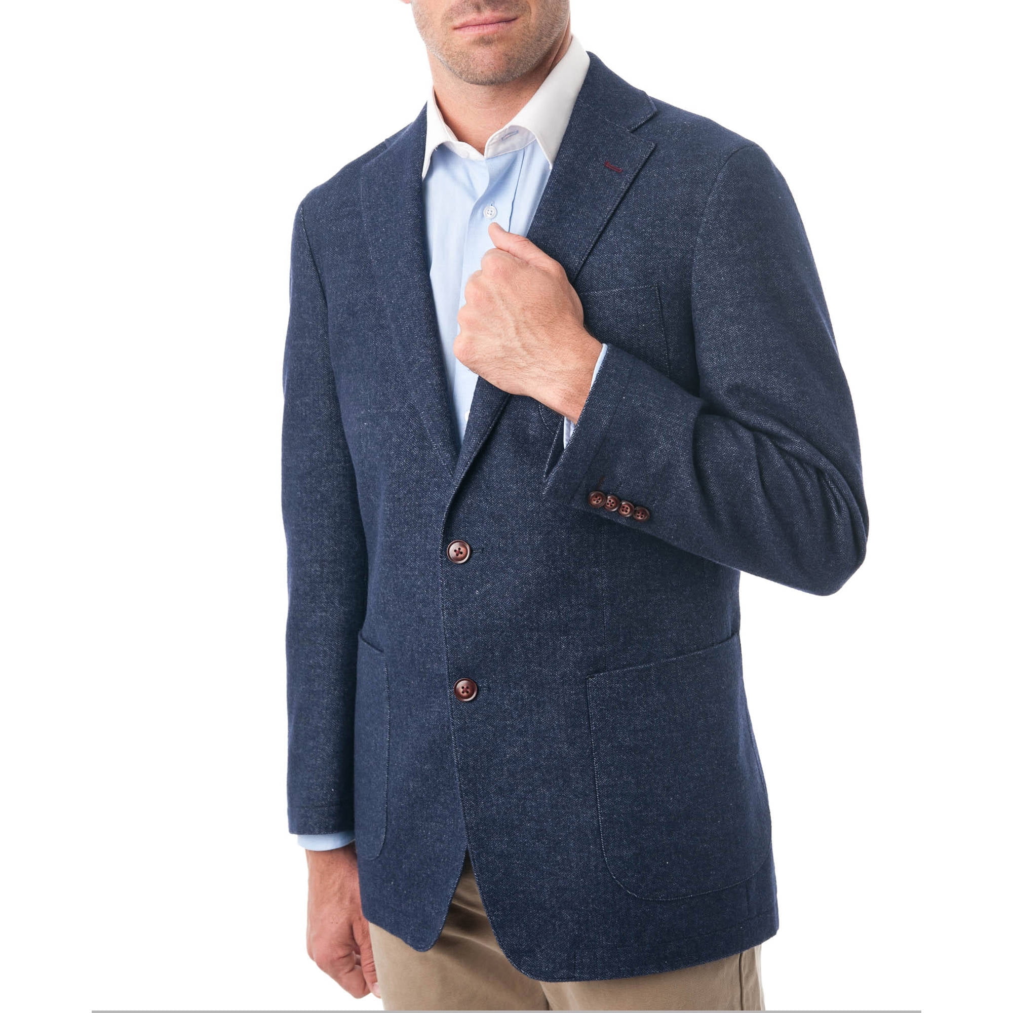 Men's Navy Blue Wool & Cotton Blend Herringbone Classic Fit Blazer