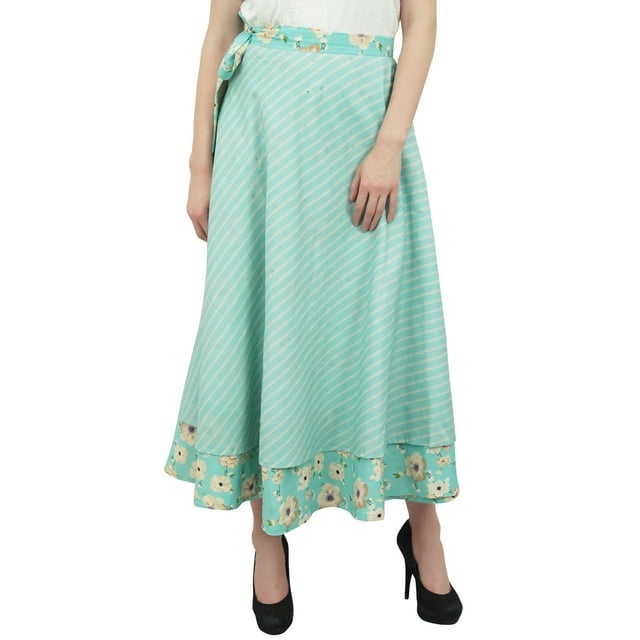 Phagun Reversible Long Wrap Skirt Floral Printed Cotton Mint Green Cover Up