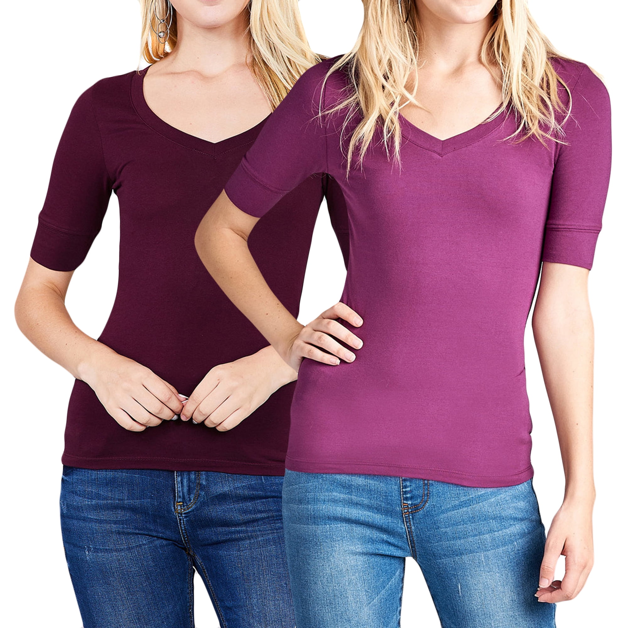 Junior & Junior Plus Basic Cotton V Neck Elbow Sleeve Tee Shirt Top