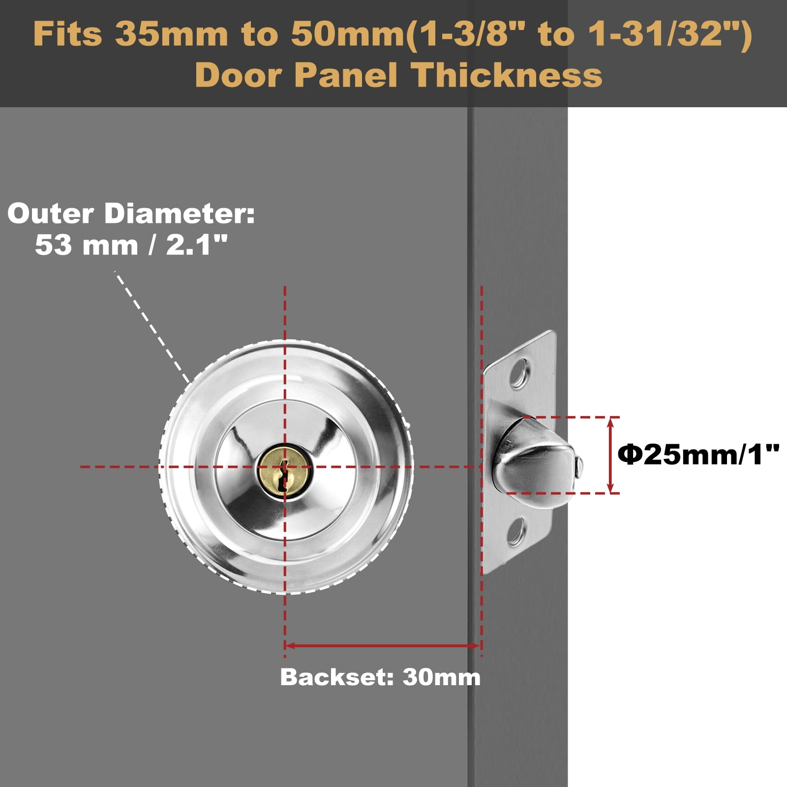 Keyed Entry Door Knobs, 50mm (1-31/32") Backset Stainless Steel Round Lock for Bedroom Bathroom