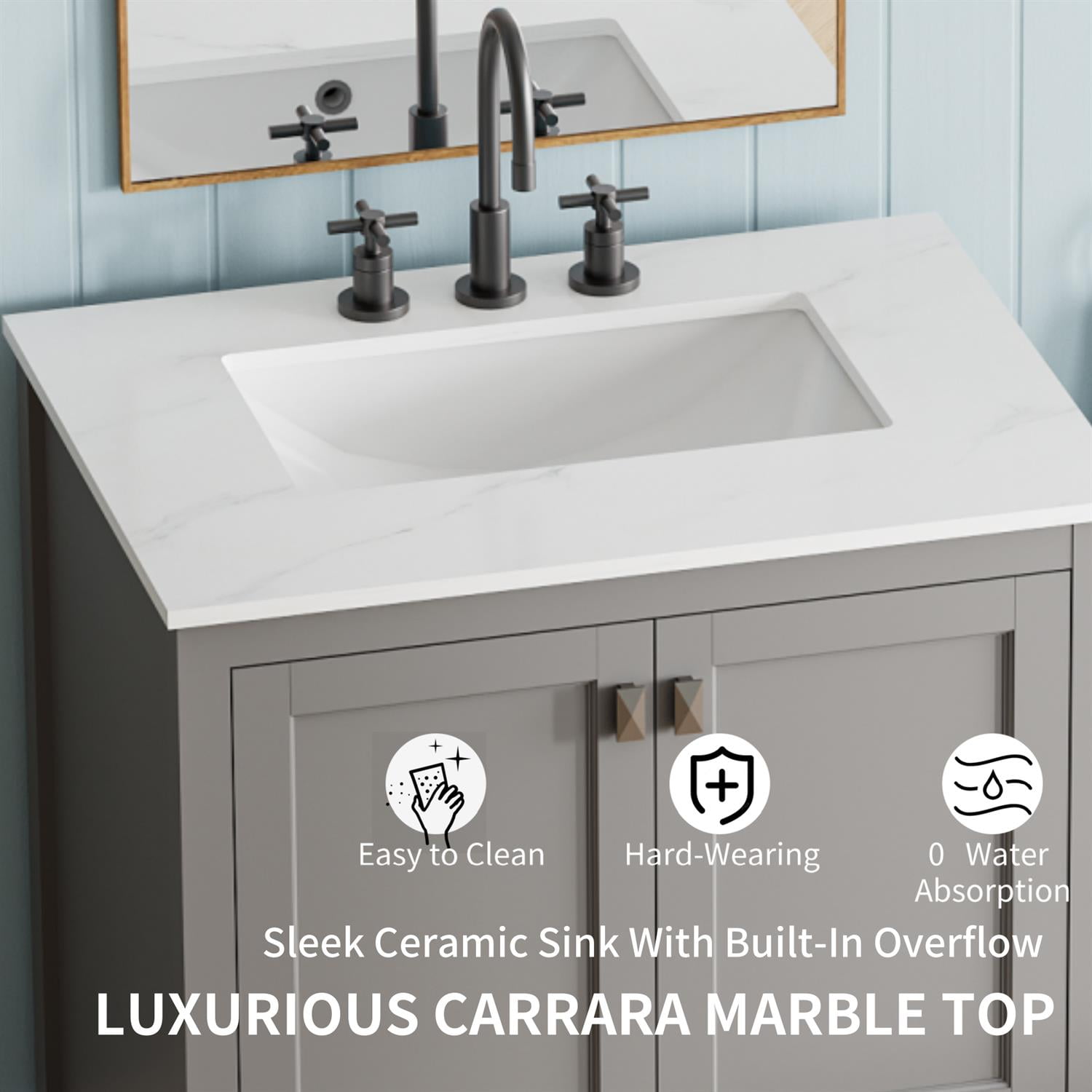 Demi Bonn 30" Freestanding Bathroom Vanity with Sink, Carrara Engineered Marble Vanity Top, Soft-Close Door, Under-mounted Rectangular Ceramic Sink, Gray