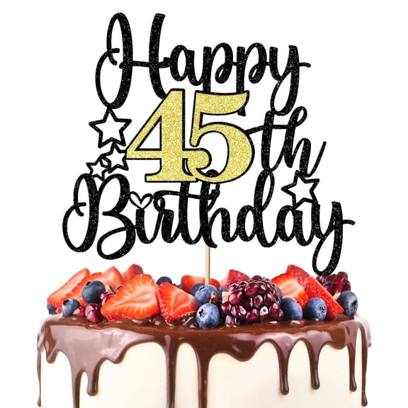 Happy 45th Birthday Cake Topper Black Gold Glitter Cheers to 45 Years