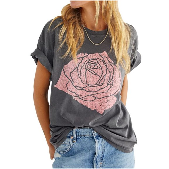 Langwyqu Summer Rose Printed Women Short Sleeve Crewneck Graphic T-Shirt