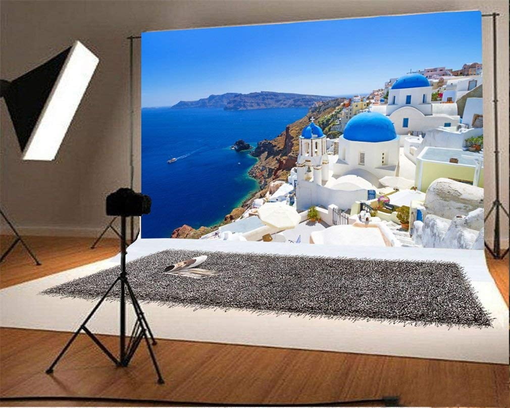 ABPHOTO 7x5t Photography Backdrop White Architecture of Oia Village on Santorini Island Greece Nature Landscape Blue Sky Photo Background Backdrops