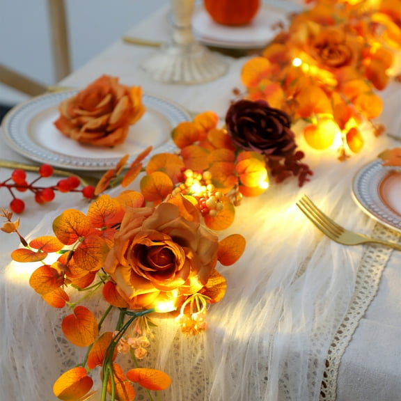JWshufel Harvests Festival Eucalypts Rose Vines Holiday Decorations with Lifelike Design for Thanksgiving Decor Mantel Dining Table 74.8in Orange
