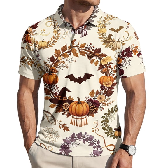 Funny Halloween Golf Polo Shirts for Men Classic Pumpkin Bat Spiderweb Print Golf Polos Short Sleeve Performance Sweatshirts Casual Streetwear