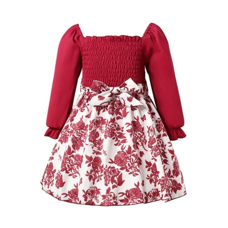 

Girls Dresses Girls Long Sleeve Dresses Square Neck Smocked Ruffle Floral Patchwork Dress Red 6-7 Years