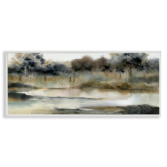 Trees By Lakeside Landscape White Framed Giclee Art, 30 x 13, Made In USA