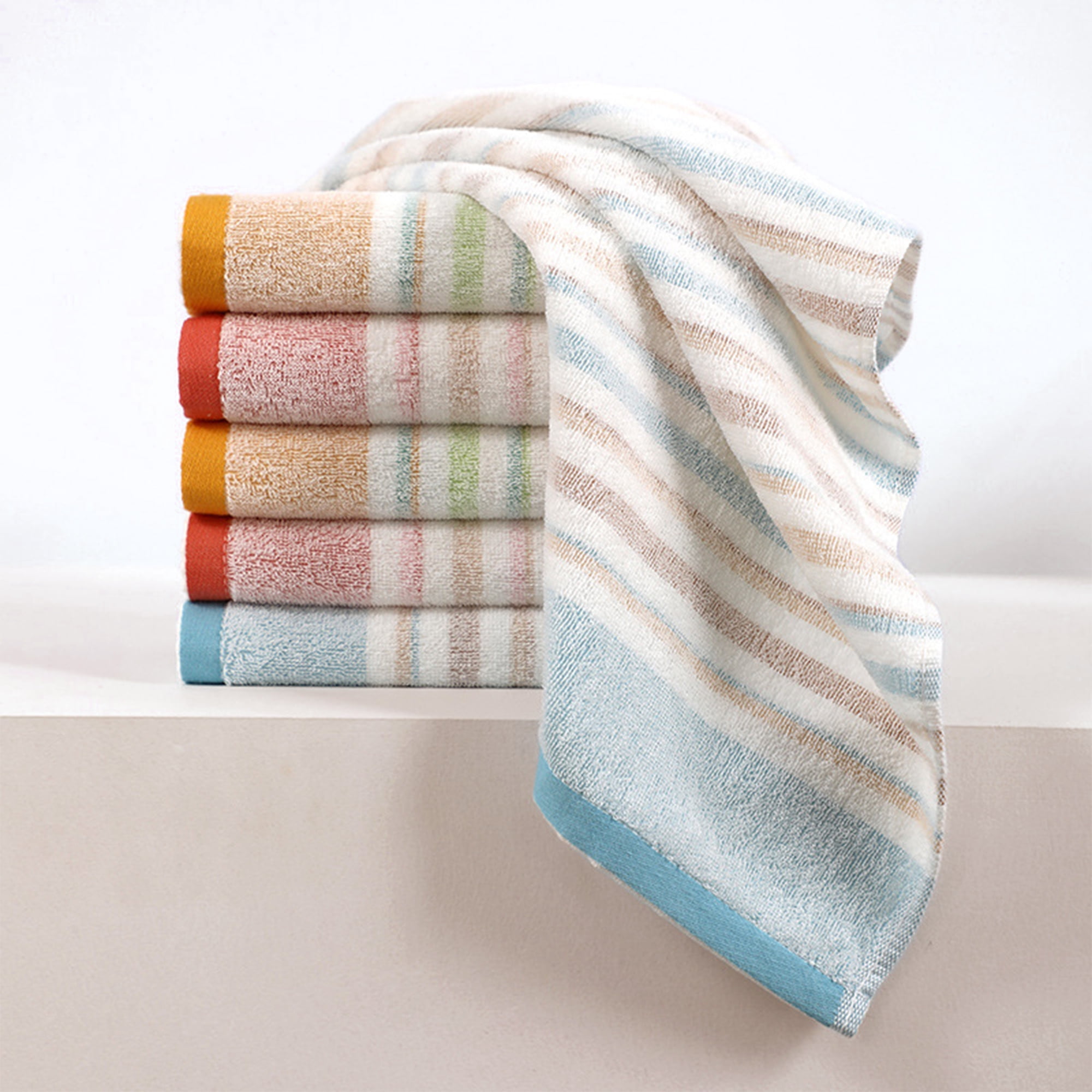 Unique Bargains Cotton Soft Striped Hand Towel 4 Pcs Yellow/Navy Blue 13" x 27"/14" x 30"