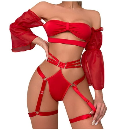 

Sports Bras for Women Ladies Fashion Elegant Lingerie Hollow Out Ribbon Bundled Style Puff Sleeves Elegant Underwear Thong Belt Suit Lingerie for Women Push Up Bra New Arrival Red L